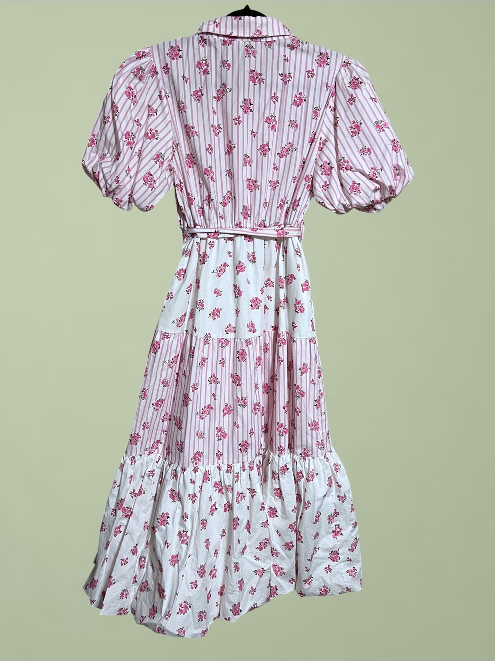 Pink & White Floral Tiered Cotton Puff Sleeve Dress Sz Medium - Picture 9 of 12